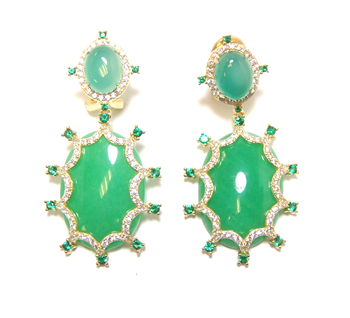 Natural Green Jade & Agate Oval Shape Dangle Earrings, 925 Sterling Silver, Yellow Gold