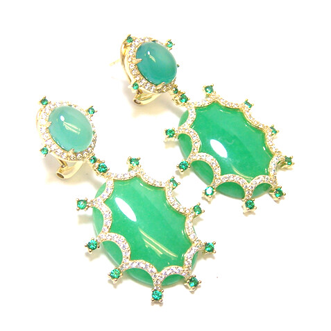 Natural Green Jade & Agate Oval Shape Dangle Earrings, 925 Sterling Silver, Yellow Gold