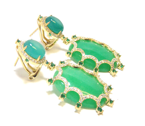 Natural Green Jade & Agate Oval Shape Dangle Earrings, 925 Sterling Silver, Yellow Gold