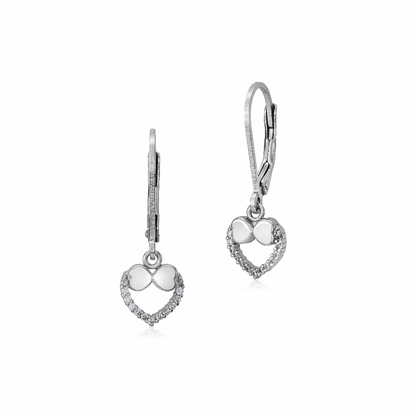 Sterling Silver 925 Pave CZ Open Heart Outline with Bow Leverback Earrings Dangle