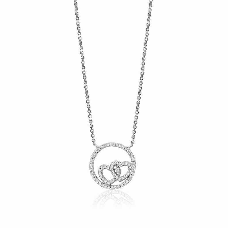 Sterling Silver Necklace Pendant for Girls Circle and Double Heart with Simulated Diamonds