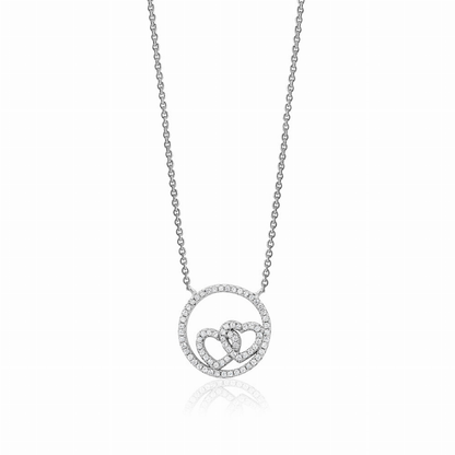 Sterling Silver Necklace Pendant for Girls Circle and Double Heart with Simulated Diamonds