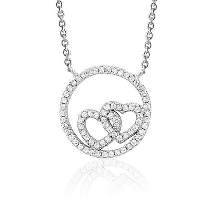 Sterling Silver Necklace Pendant for Girls Circle and Double Heart with Simulated Diamonds