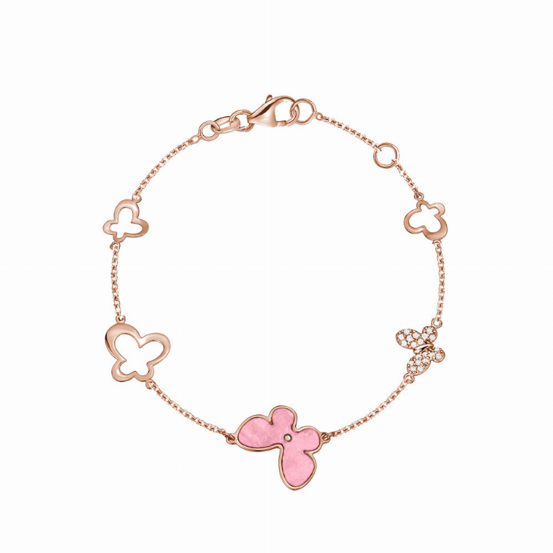 14K Rose Gold Butterfly Bracelet with Pink Mother of Pearl and Simulated Diamonds Italy