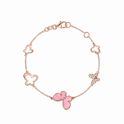 14K Rose Gold Butterfly Bracelet with Pink Mother of Pearl and Simulated Diamonds Italy