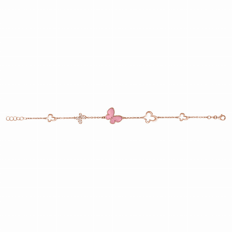 14K Rose Gold Butterfly Bracelet with Pink Mother of Pearl and Simulated Diamonds Italy