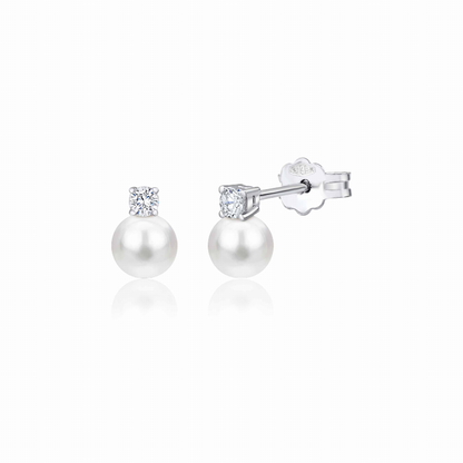 UNICORNJ 14K White Gold Freshwater Cultured Pearl Post Stud Earrings with Simulated Diamond CZ Italy