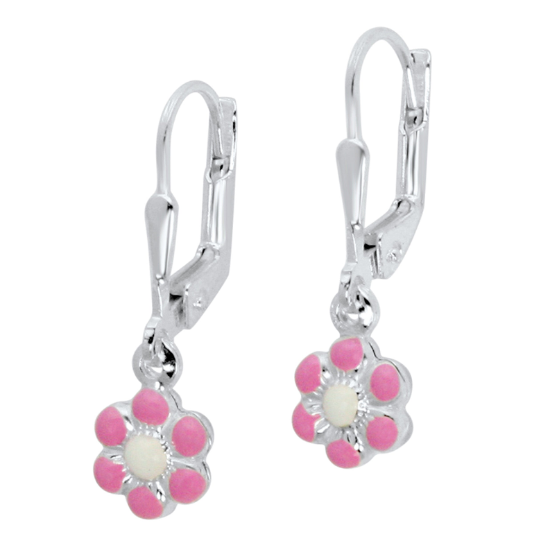 Unicornj Sterling Silver Children's Earrings Leverback with Pink Flower Charm