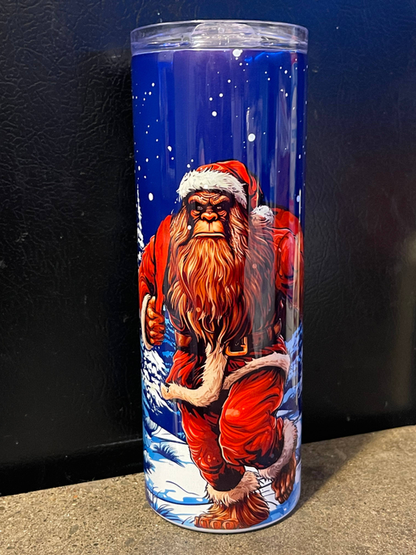 Santa Squatch Christmas scene tumbler