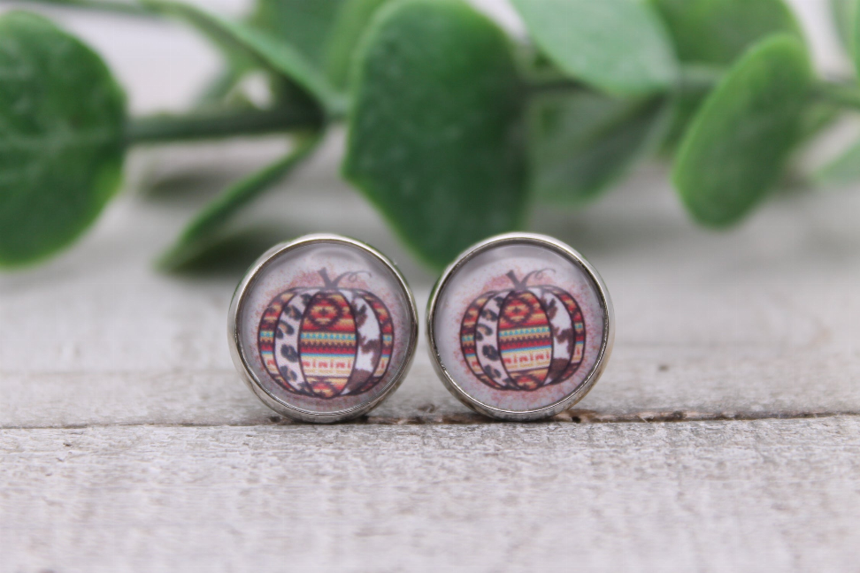 Western & Cow Pumpkin | Glass Stud Earrings | Hypoallergenic