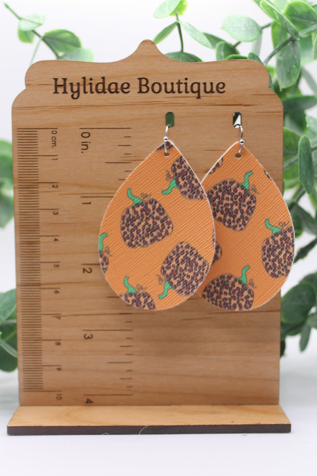 Leopard Pumpkins on Orange || Teardrop Faux Leather Earrings || Hypoallergenic