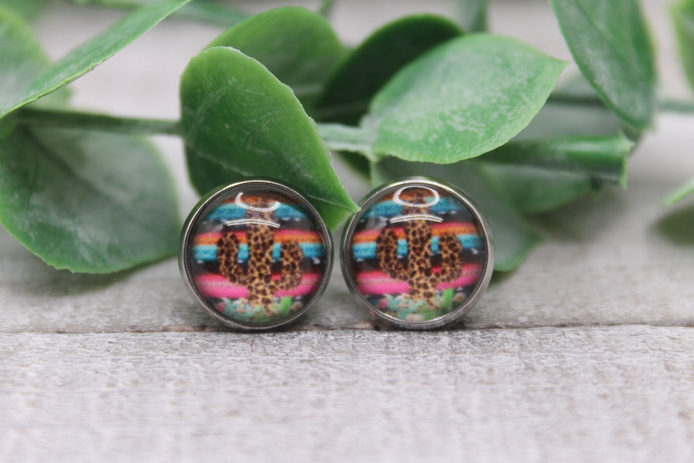 Leopard Cactus on Serape  Glass Stud Earrings