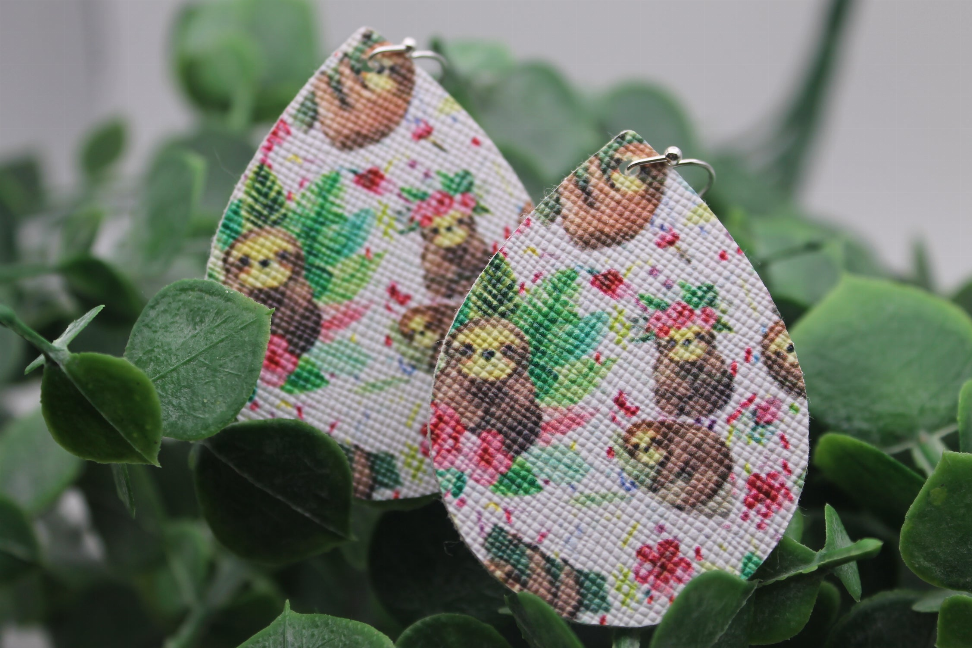 Floral Sloths Mini Faux Leather Earrings