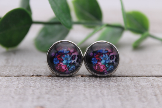 Floral Skull || Glass Stud Earrings || Hypoallergenic