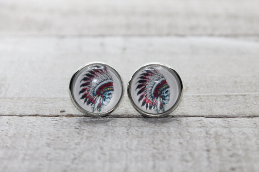 Headdress & Skull  Glass Stud Earrings