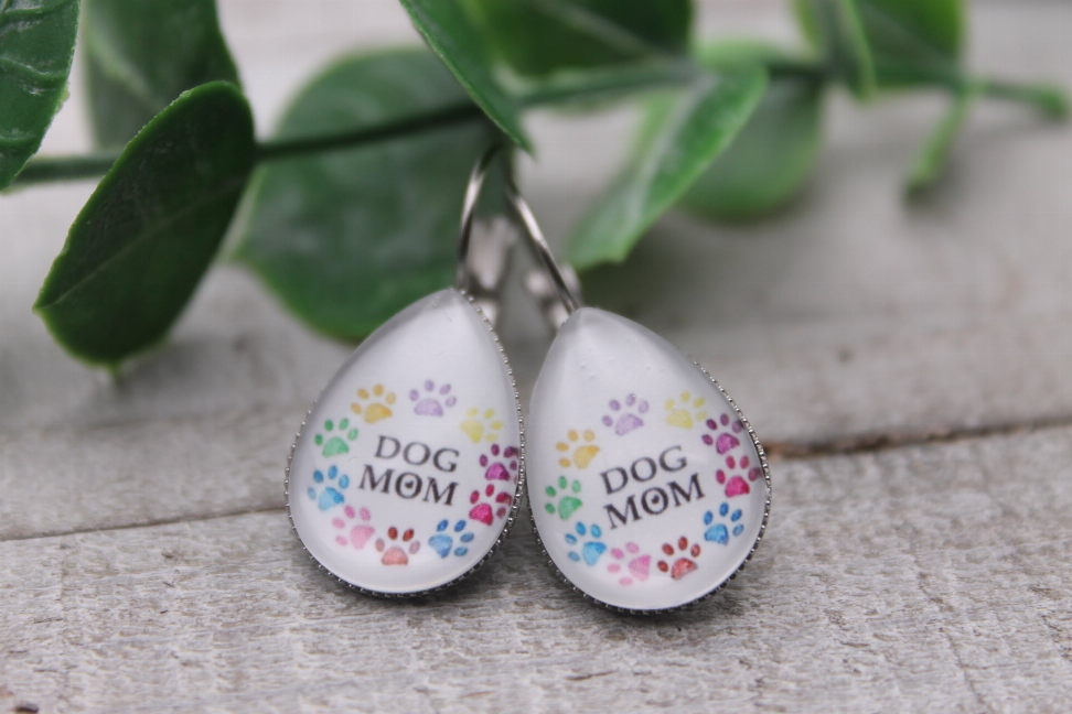 Dog Mom Colorful Paw Prints || Glass Teardrop French Lever Earrings