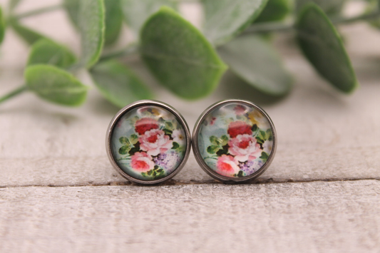 Floral on Mint Glass Stud Earrings