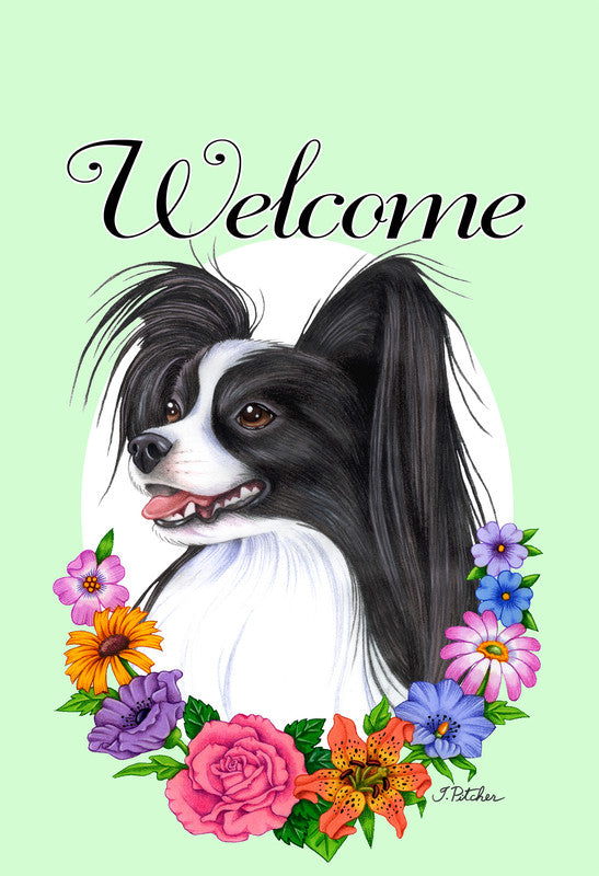 Papillon Black/White- Best of Breed Welcome Flowers Garden Flag