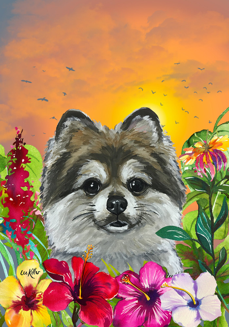 Pomeranian - Hippie Hound Studios Tropical Summer  House and Garden Flags