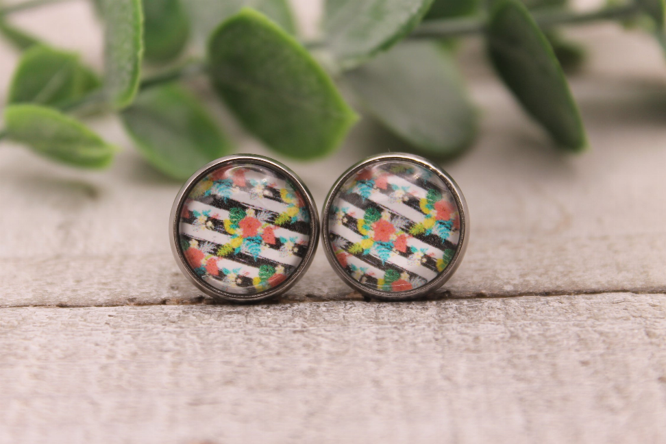 Floral & Stripes Glass Stud Earrings