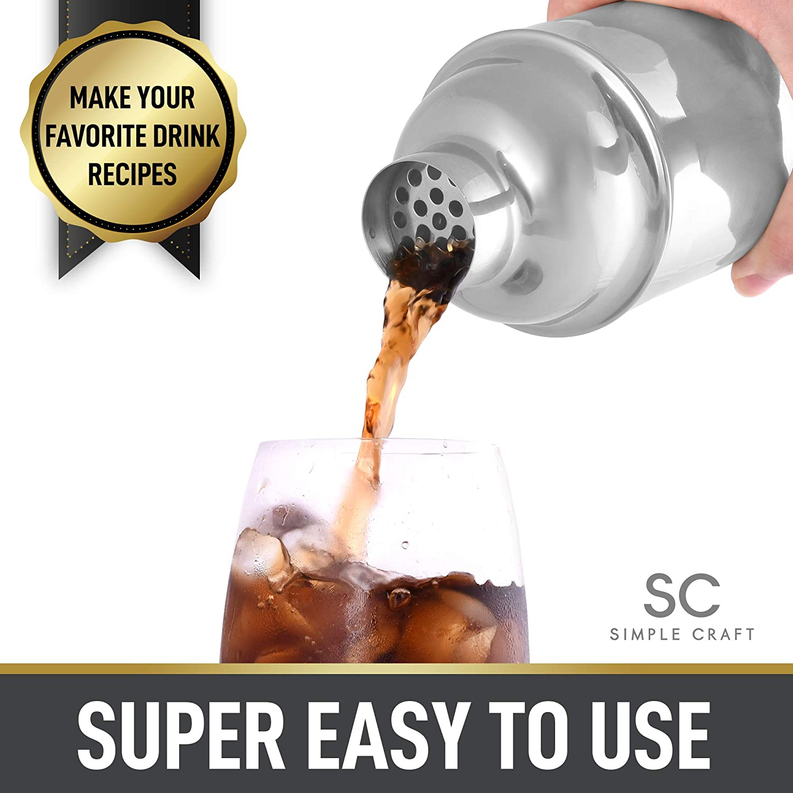 Simple Craft Cocktail Shaker with Built-in Strainer For Bartending & Homebars (24oz)