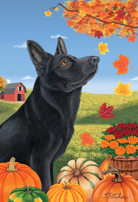 German Shepherd Black - Tomoyo Pitcher Autumn Leaves Outdoor Flag