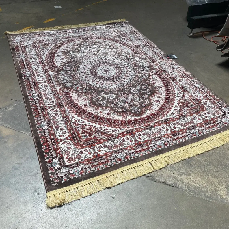 5x7 Feet Brown Traditional Medallion Faux Silk Area Rug