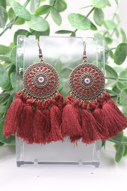 Wine Medallion Tassel || Dangle Earrings || Hypoallergenic