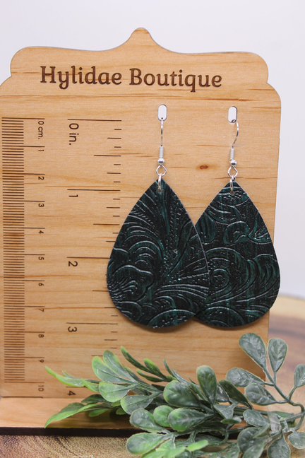 Turquoise Tooled Leather Teardrop || Faux Leather Dangle Earrings || Hypoallergenic