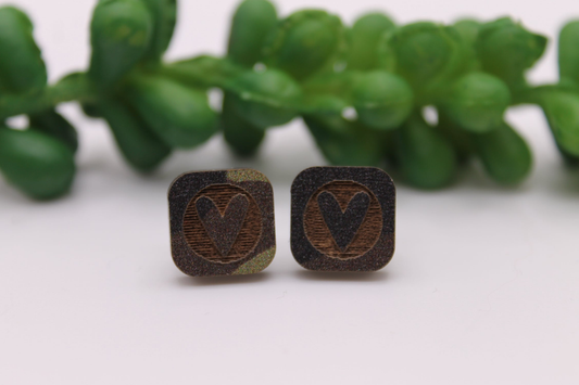 Camo Square Hearts || Wood Stud Earrings || Hypoallergenic