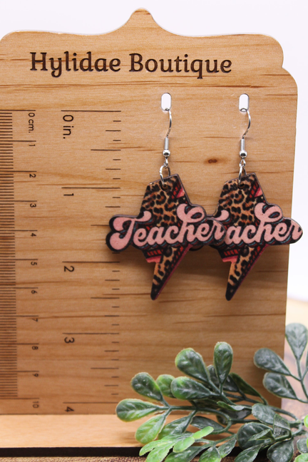 Teacher Leopard Lightning Bolt || Wood Dangle Earrings || Hypoallergenic