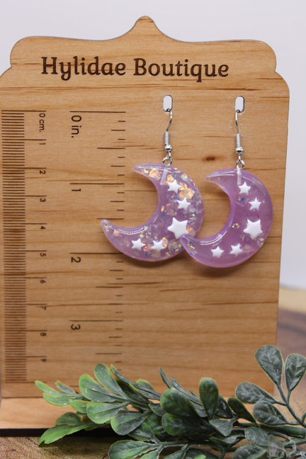 Confetti Purple Crescent Moons || Dangle Earrings || Hypoallergenic