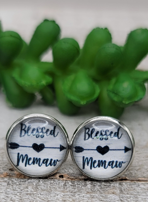 Blessed Memaw || Glass Stud Earrings || Hypoallergenic