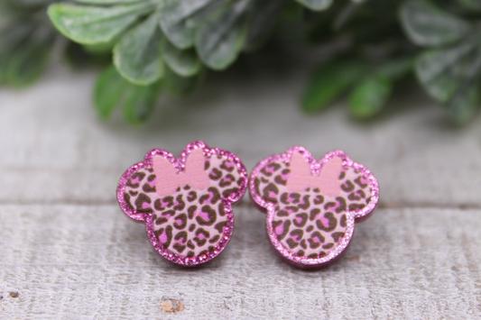 Pink Leopard Mouse with Bow || Stud Earrings || Hypoallergenic