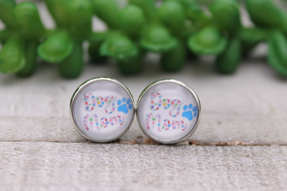 Dog Mom Colorful Paw Prints || Glass Stud Earrings || Hypoallergenic