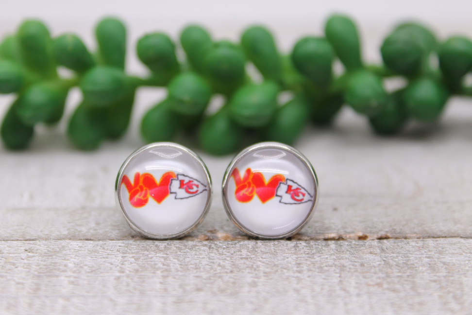 Peace Love KC Chiefs Football || Glass Stud Earrings || Hypoallergenic