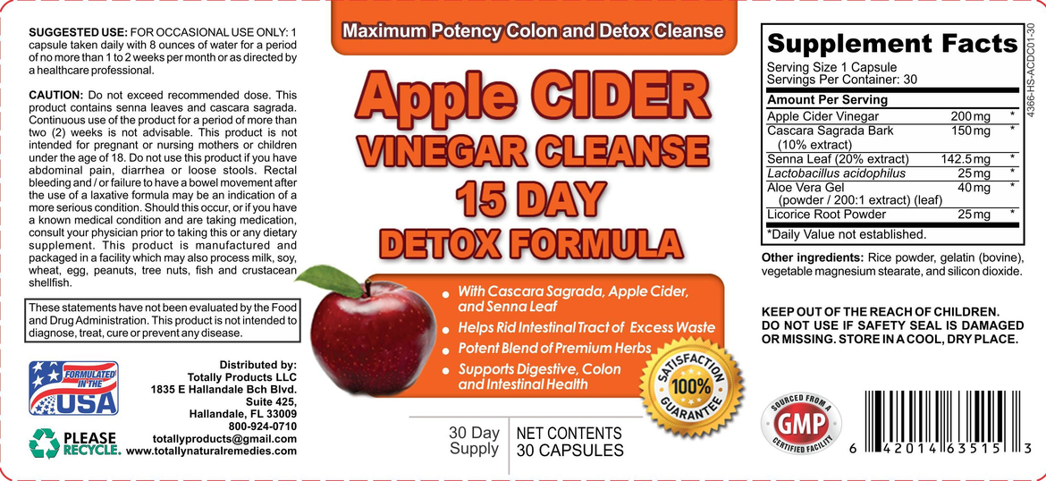 Apple Cider Vinegar Cleanse Natural Detox and Weight Loss (30 Capsules)