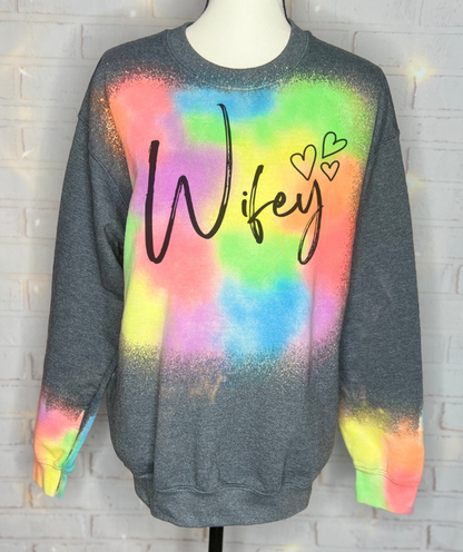 Wifey Patchwork Reverse Tie Dye Blank Crewneck Sweatshirt