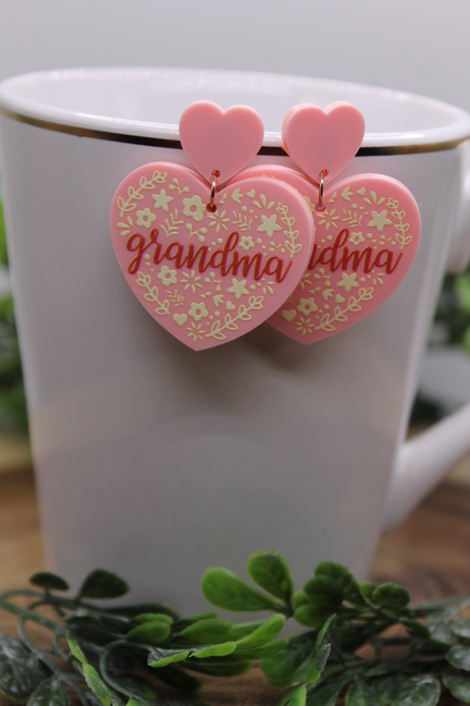 Grandma Pink Floral Heart || Acrylic Dangle Earrings || Hypoallergenic