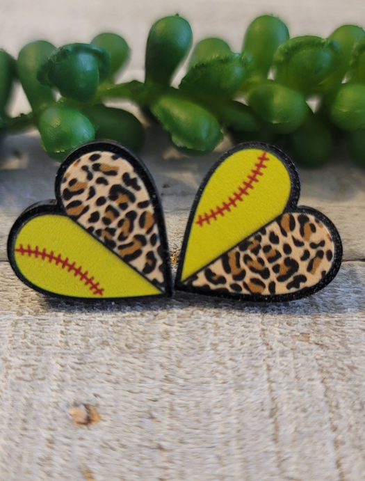 Softball & Leopard Hearts || Stud Earrings || Hypoallergenic