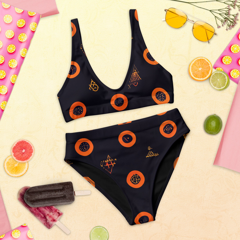 Black and Orange Patterned Vintage Recycled Polyester High-Waisted Two Piece Swimwear for Women