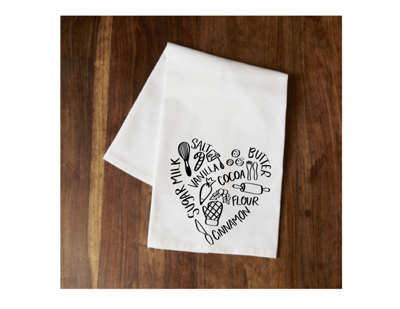 Heart Shaped Baking Words Tea Towel