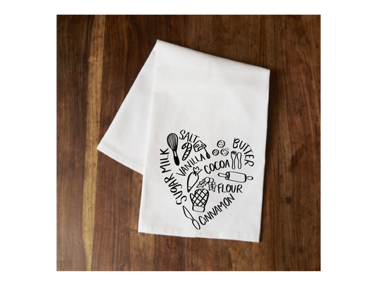 Heart Shaped Baking Words Tea Towel