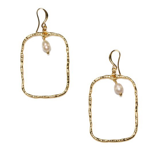 Hammered Gold Rectangle Earrings With Pearl In Gold Plate