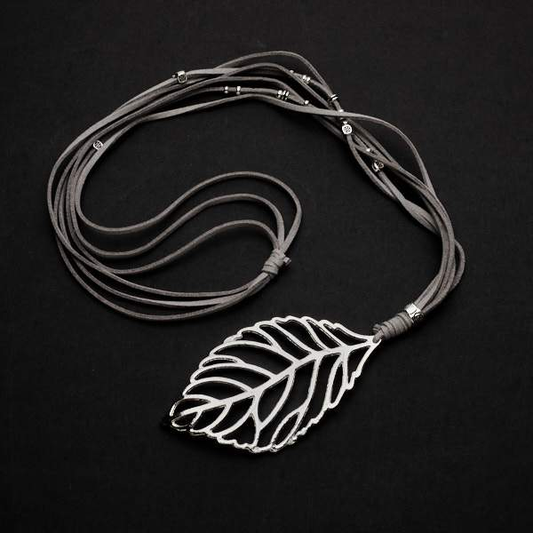 Suede Necklace With Leaf Pendant In Silver Plate