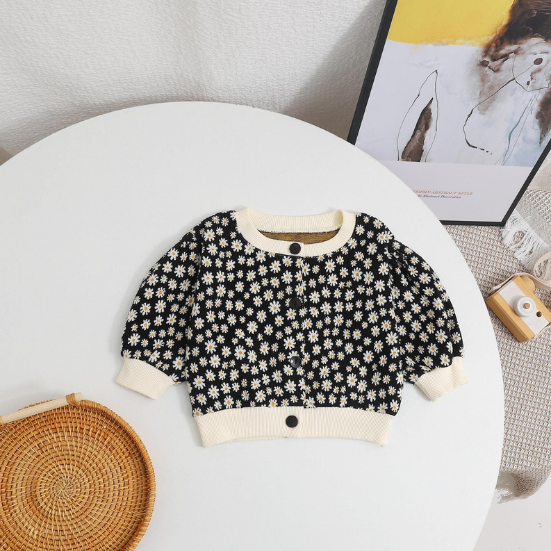 Baby Girl Daisy Pattern Single Breasted Design Puff Sleeve Sweet Cardigan