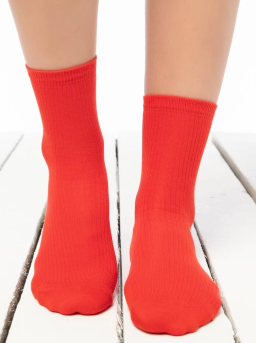 Ribbed Cotton Crew Sock RED