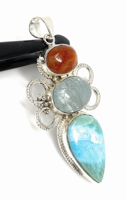 Larimar Gemstone Pendant with Aquamarine and Sunstone, Wire Wrapped Pendant, Silver Jewelry Gifts for Her, Bohemian Jewelry