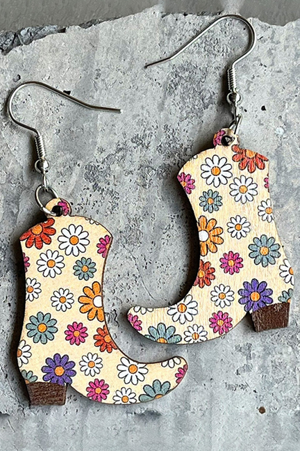 Floral Print Wooded Boots Earrings