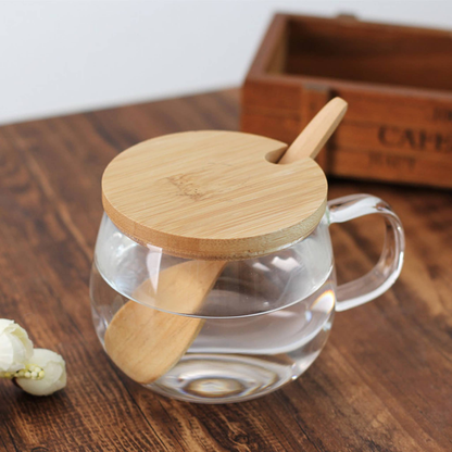 Borosilicate Glass Teacup w/  bamboo lid & spoon 11oz